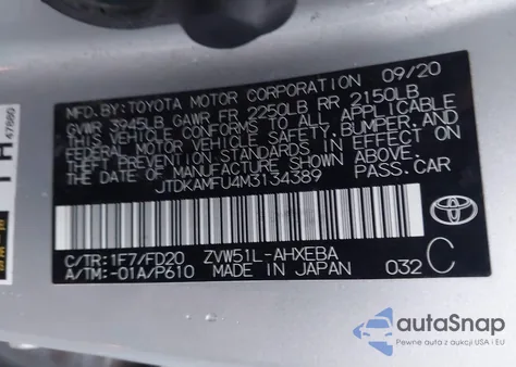 2021 Toyota Prius Le from USA, damaged, VIN JTDKAMFU4M3134389